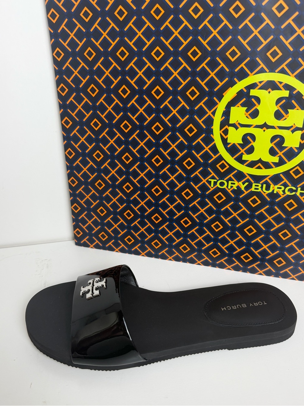 Tory Burch Black Patent Logo Slide - Picture 8 of 9